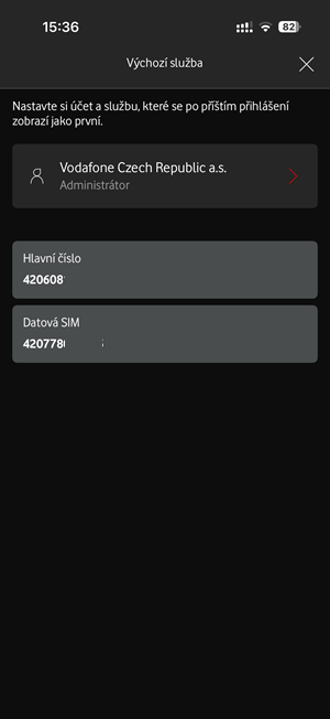Snímek obrazovky z aplikace Můj Vodafone zobrazující nastavení Výchozí služby s výběrem různých služeb.