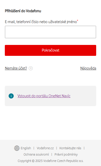 Přihlašovací stránka OneNet samoobsluhy s možností prokliku do portálu OneNet Navíc