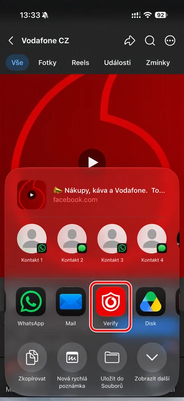 Výběr aplikace Vodafone Verify při sdílení obsahu v telefonu