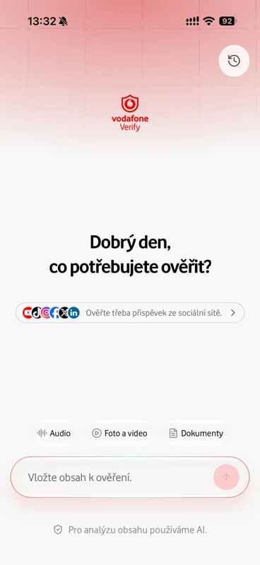 Úvodní obrazovka aplikace Vodafone Verify s možnostmi ověření obsahu