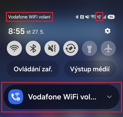 Rychlé nastavení Androidu s oznámením „Vodafone Wi‑Fi volání“ a ikonou aktivního Wi‑Fi volání
